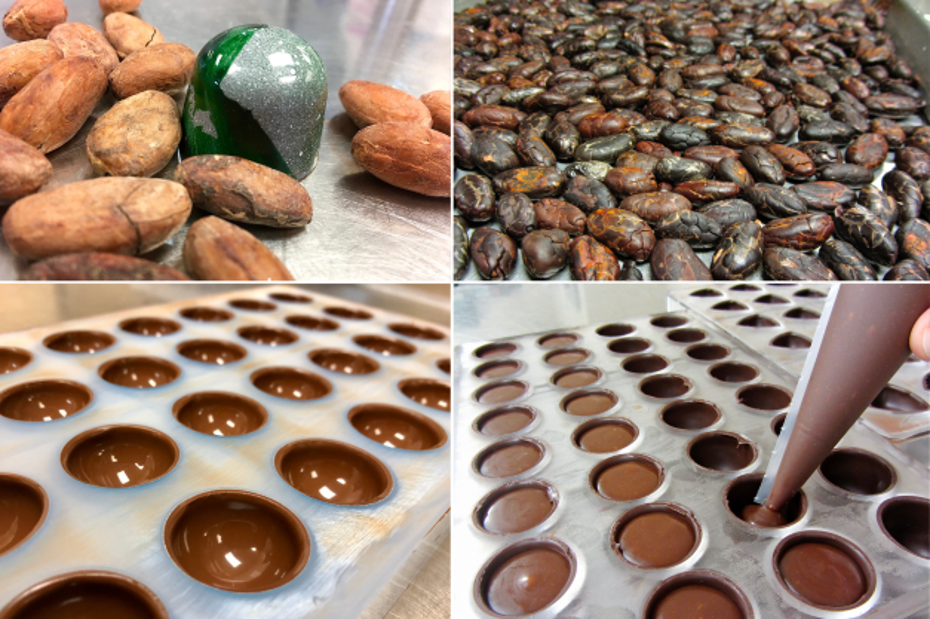 A collage shows the process of chocolate making.